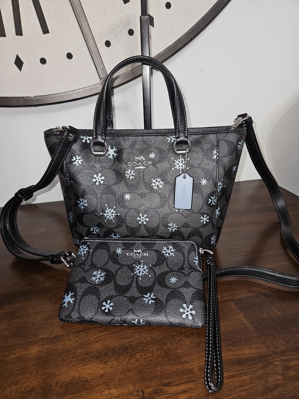 COACH Black Signature Tote with Light Blue Snowflake Print